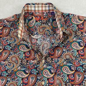 Alan Flusser Mens Paisley Shirt Short Sleeve Button Up LARGE Multicolor Festival